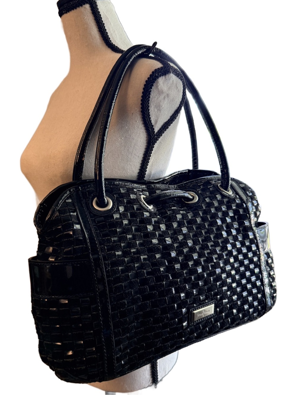 Black Woven Patent Shoulder Bag